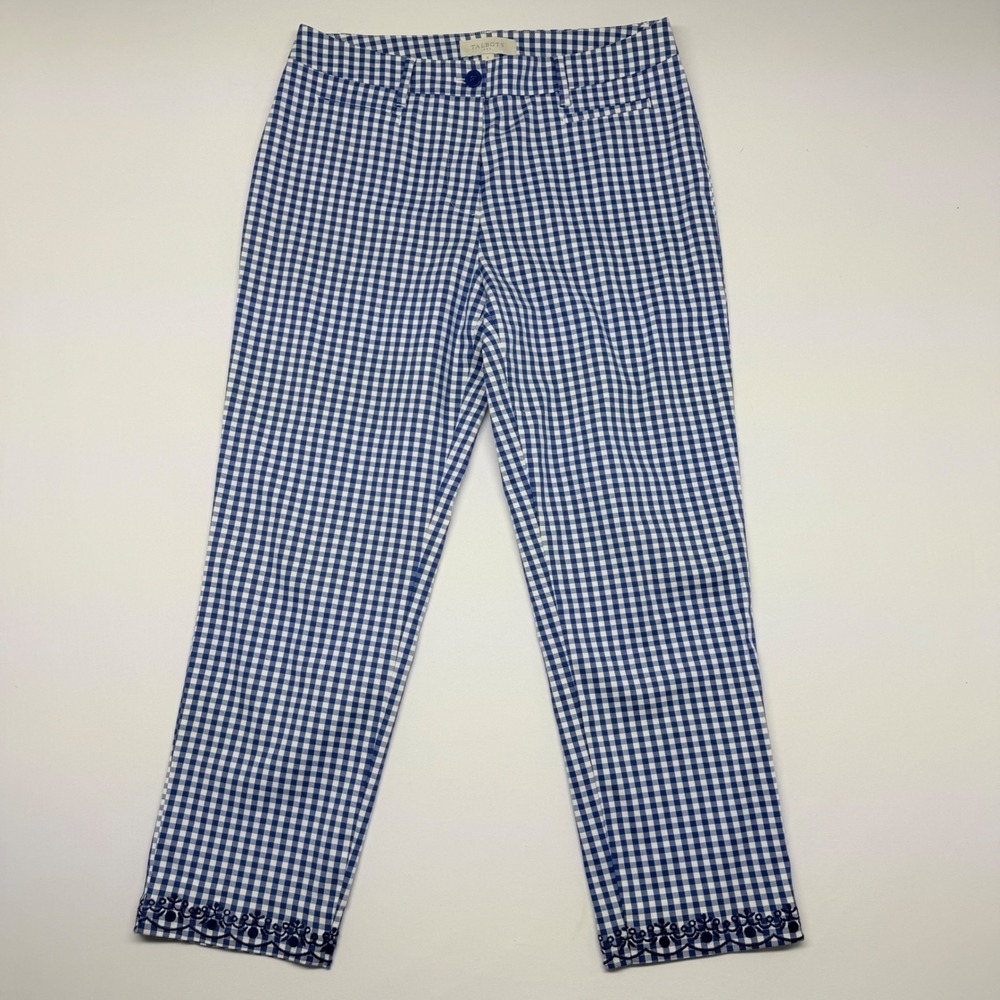 Talbots Blue White Gingham Ankle Pants Embroidered Scalloped Hem Size 6 BD1024